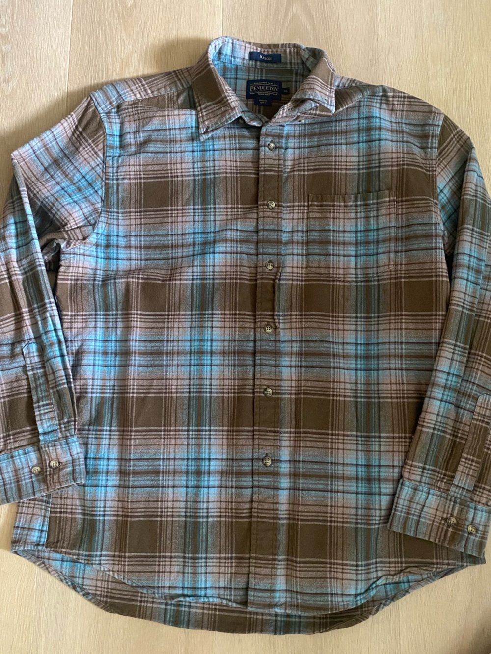 Pendleton Men's Brown & Light Blue Plaid Button-Up Shirt In EUC